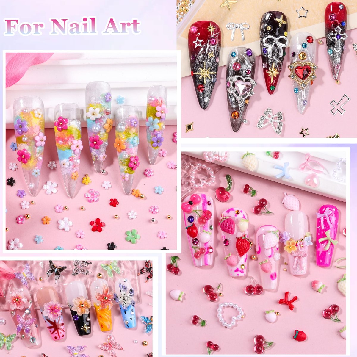 8000Pcs 3D Nail Charms and Nail Gems - Mixed Shapes and Colors Gold Silver Cross Star Caviar Beads Pearls Pink White Flowers Bows Charms with Tweezers for Nail Art Design Junk Case - görsel 15