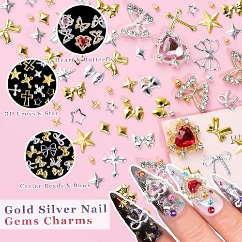 8000Pcs 3D Nail Charms and Nail Gems - Mixed Shapes and Colors Gold Silver Cross Star Caviar Beads Pearls Pink White Flowers Bows Charms with Tweezers for Nail Art Design Junk Case - görsel 10