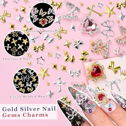 8000Pcs 3D Nail Charms and Nail Gems - Mixed Shapes and Colors Gold Silver Cross Star Caviar Beads Pearls Pink White Flowers Bows Charms with Tweezers for Nail Art Design Junk Case