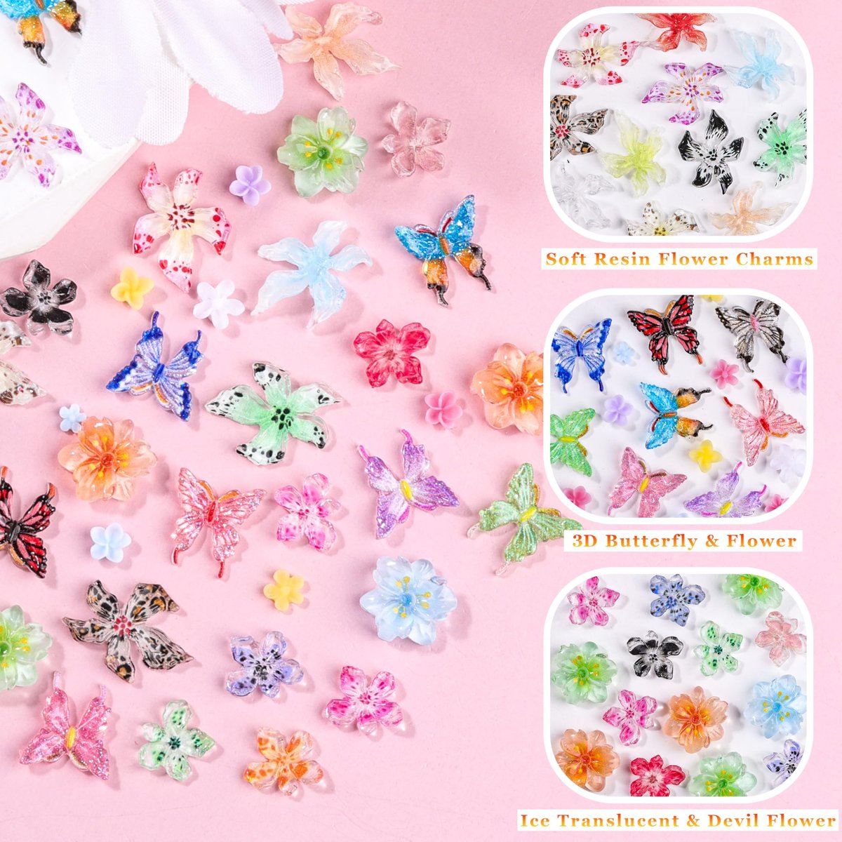 8000Pcs 3D Nail Charms and Nail Gems - Mixed Shapes and Colors Gold Silver Cross Star Caviar Beads Pearls Pink White Flowers Bows Charms with Tweezers for Nail Art Design Junk Case - görsel 5