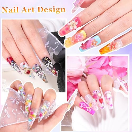 8000Pcs 3D Nail Charms and Nail Gems - Mixed Shapes and Colors Gold Silver Cross Star Caviar Beads Pearls Pink White Flowers Bows Charms with Tweezers for Nail Art Design Junk Case - görsel 18