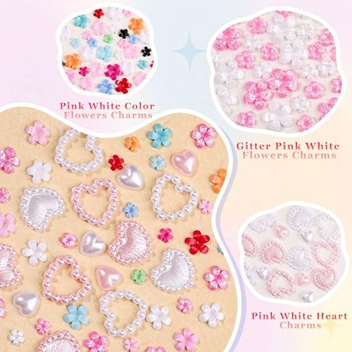 8000Pcs 3D Nail Charms and Nail Gems - Mixed Shapes and Colors Gold Silver Cross Star Caviar Beads Pearls Pink White Flowers Bows Charms with Tweezers for Nail Art Design Junk Case - görsel 8