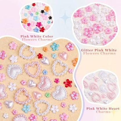 8000Pcs 3D Nail Charms and Nail Gems - Mixed Shapes and Colors Gold Silver Cross Star Caviar Beads Pearls Pink White Flowers Bows Charms with Tweezers for Nail Art Design Junk Case