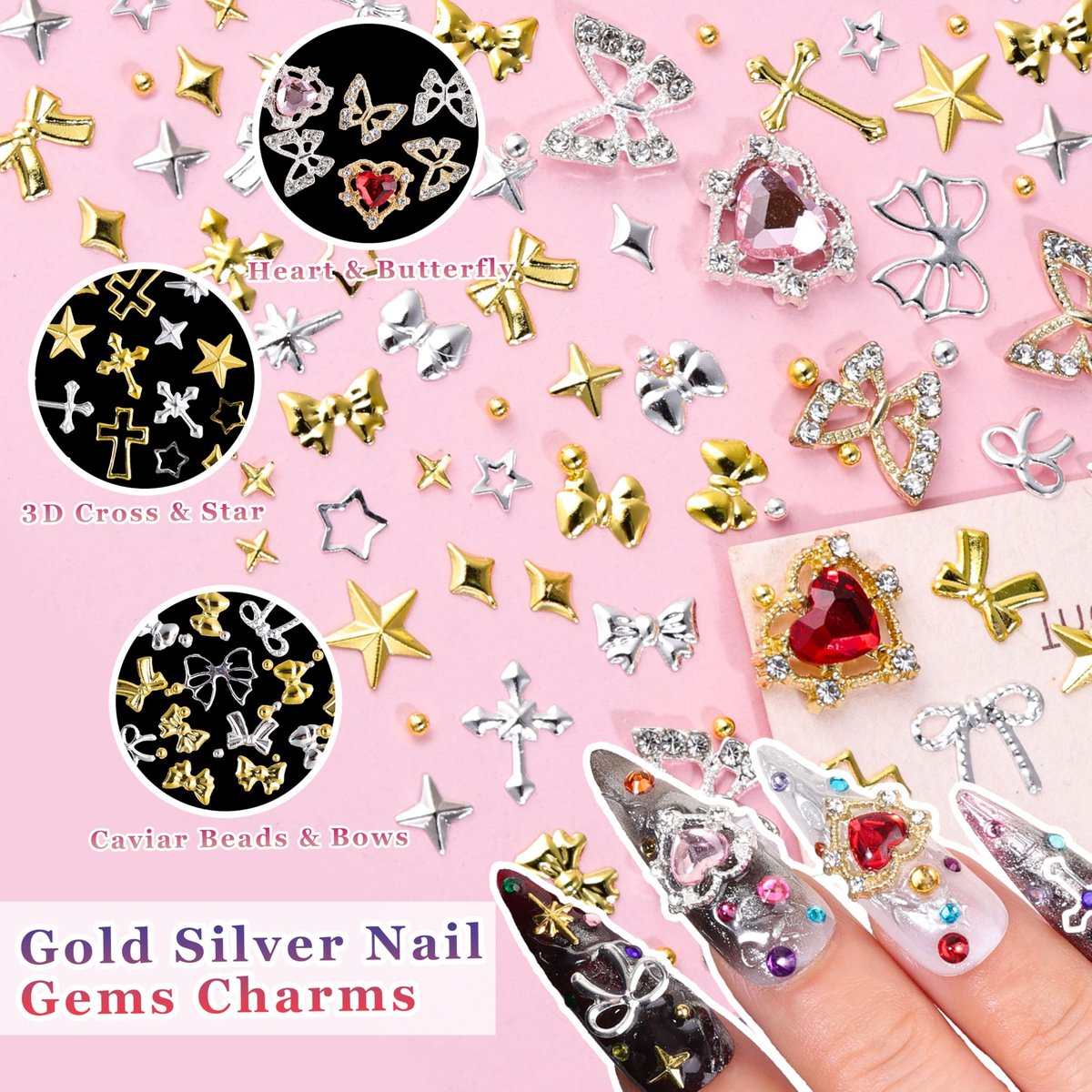 8000Pcs 3D Nail Charms and Nail Gems - Mixed Shapes and Colors Gold Silver Cross Star Caviar Beads Pearls Pink White Flowers Bows Charms with Tweezers for Nail Art Design Junk Case - görsel 9