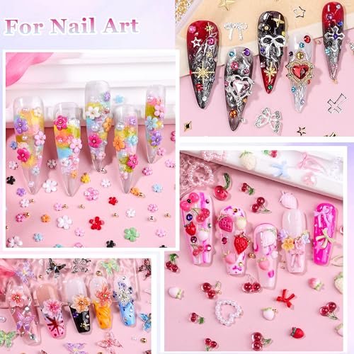 8000Pcs 3D Nail Charms and Nail Gems - Mixed Shapes and Colors Gold Silver Cross Star Caviar Beads Pearls Pink White Flowers Bows Charms with Tweezers for Nail Art Design Junk Case - görsel 16