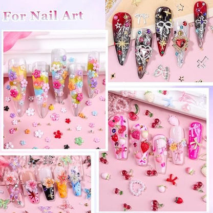 8000Pcs 3D Nail Charms and Nail Gems - Mixed Shapes and Colors Gold Silver Cross Star Caviar Beads Pearls Pink White Flowers Bows Charms with Tweezers for Nail Art Design Junk Case