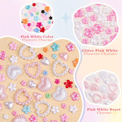 8000Pcs 3D Nail Charms and Nail Gems - Mixed Shapes and Colors Gold Silver Cross Star Caviar Beads Pearls Pink White Flowers Bows Charms with Tweezers for Nail Art Design Junk Case