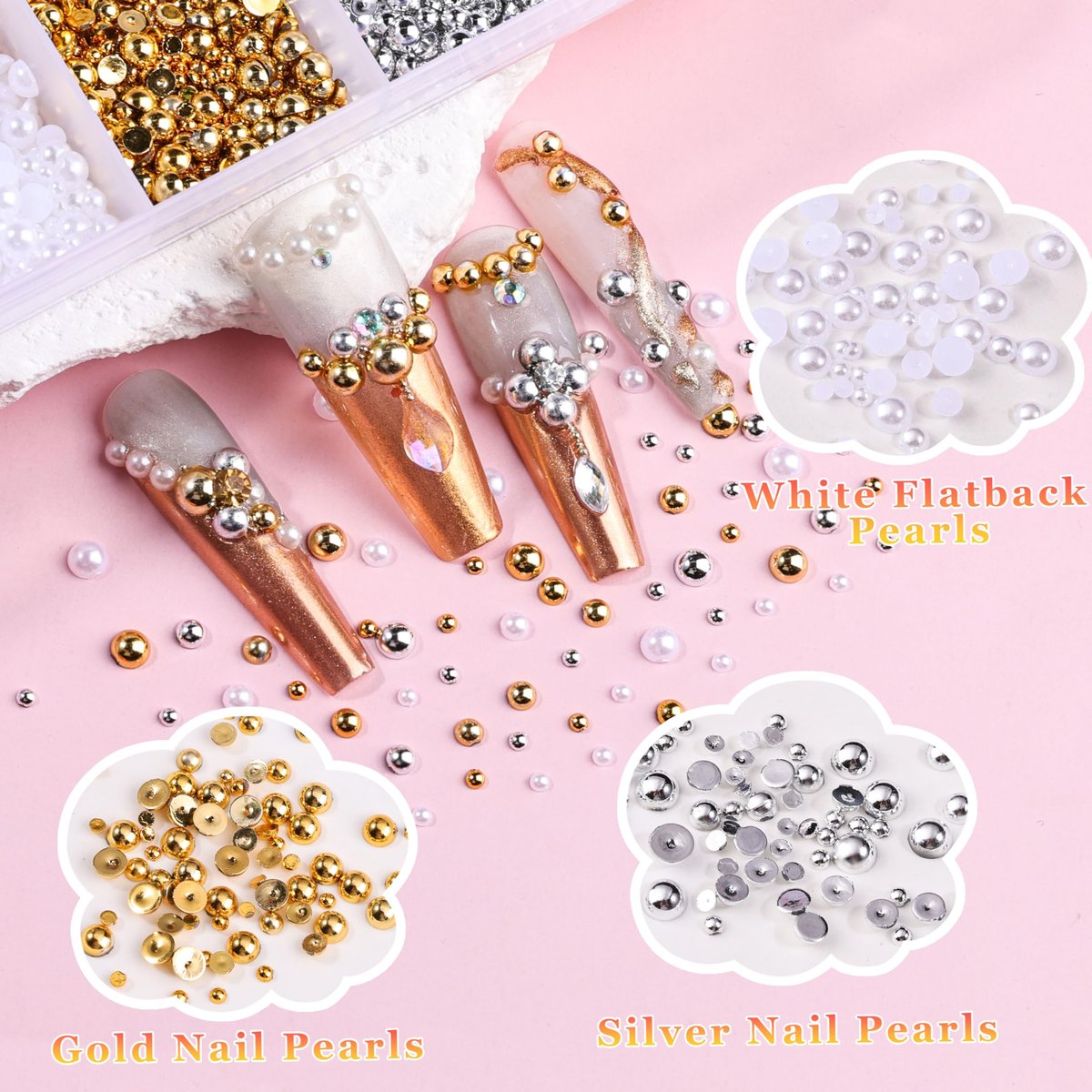 8000Pcs 3D Nail Charms and Nail Gems - Mixed Shapes and Colors Gold Silver Cross Star Caviar Beads Pearls Pink White Flowers Bows Charms with Tweezers for Nail Art Design Junk Case - görsel 11