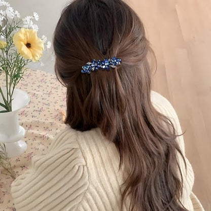 2Pcs Blue Crystal Hair Barrettes for Women - Secure Grip Rhinestone Clips for Thin & Thick Hair