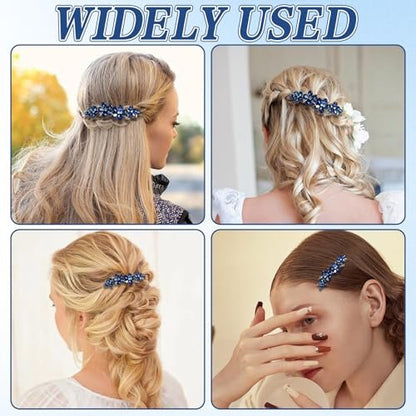 2Pcs Blue Crystal Hair Barrettes for Women - Secure Grip Rhinestone Clips for Thin & Thick Hair
