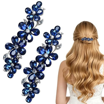2Pcs Blue Crystal Hair Barrettes for Women - Secure Grip Rhinestone Clips for Thin & Thick Hair