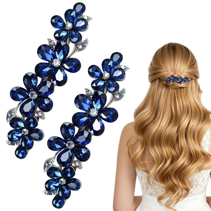 2Pcs Blue Crystal Hair Barrettes for Women - Secure Grip Rhinestone Clips for Thin & Thick Hair
