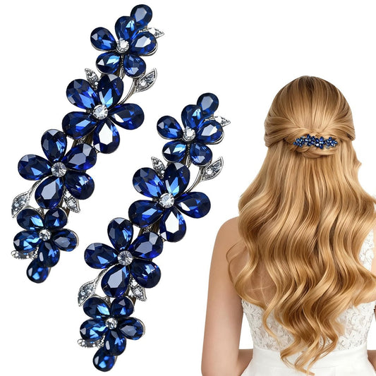 2Pcs Blue Crystal Hair Barrettes for Women - Secure Grip Rhinestone Clips for Thin & Thick Hair
