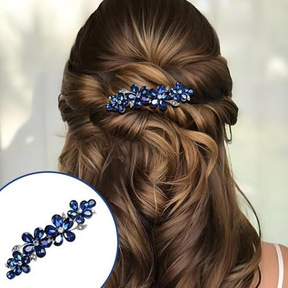 2Pcs Blue Crystal Hair Barrettes for Women - Secure Grip Rhinestone Clips for Thin & Thick Hair