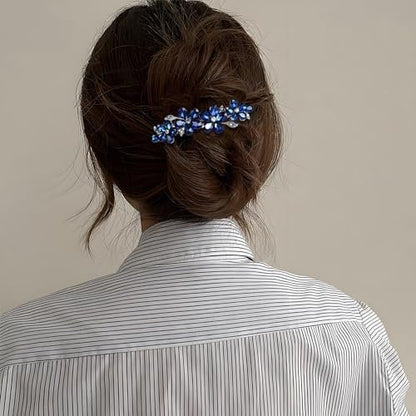 2Pcs Blue Crystal Hair Barrettes for Women - Secure Grip Rhinestone Clips for Thin & Thick Hair
