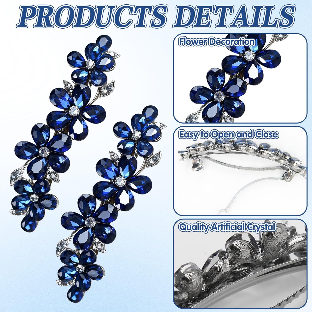 2Pcs Blue Crystal Hair Barrettes for Women - Secure Grip Rhinestone Clips for Thin & Thick Hair - görsel 5