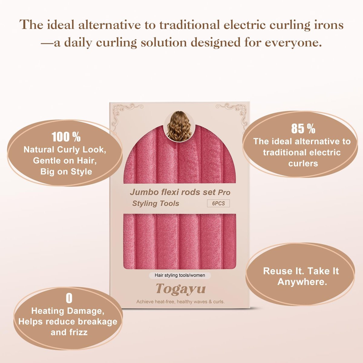 Togayu Heatless Curls Overnight Set - 6PCS Jumbo Velvet Hair Rollers to Sleep In, No-Damage Flexi Rods for Beautiful, Effortless Curls and Waves for Women Avelisse
