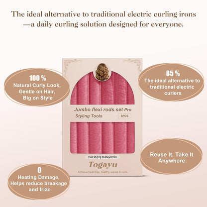 Togayu Heatless Curls Overnight Set - 6PCS Jumbo Velvet Hair Rollers to Sleep In, No-Damage Flexi Rods for Beautiful, Effortless Curls and Waves for Women Avelisse