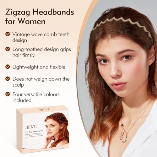 MIVZO Zig Zag Headbands - 4 Pack Non Slip Comb Headband with Teeth for Women and Men - Classic Wavy Claw Hair Accessories - görsel 4