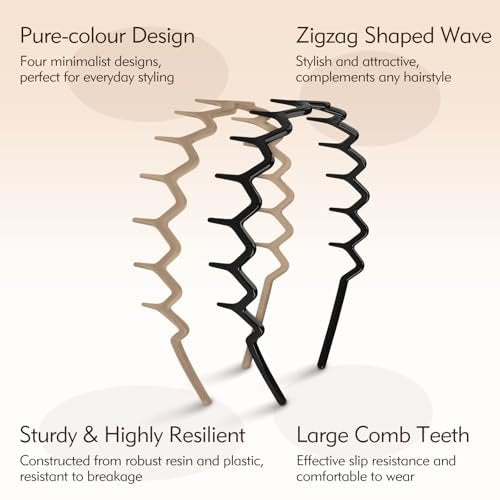 MIVZO Zig Zag Headbands - 4 Pack Non Slip Comb Headband with Teeth for Women and Men - Classic Wavy Claw Hair Accessories - görsel 8