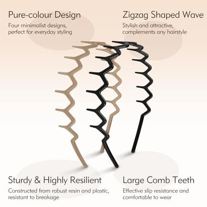 MIVZO Zig Zag Headbands - 4 Pack Non Slip Comb Headband with Teeth for Women and Men - Classic Wavy Claw Hair Accessories