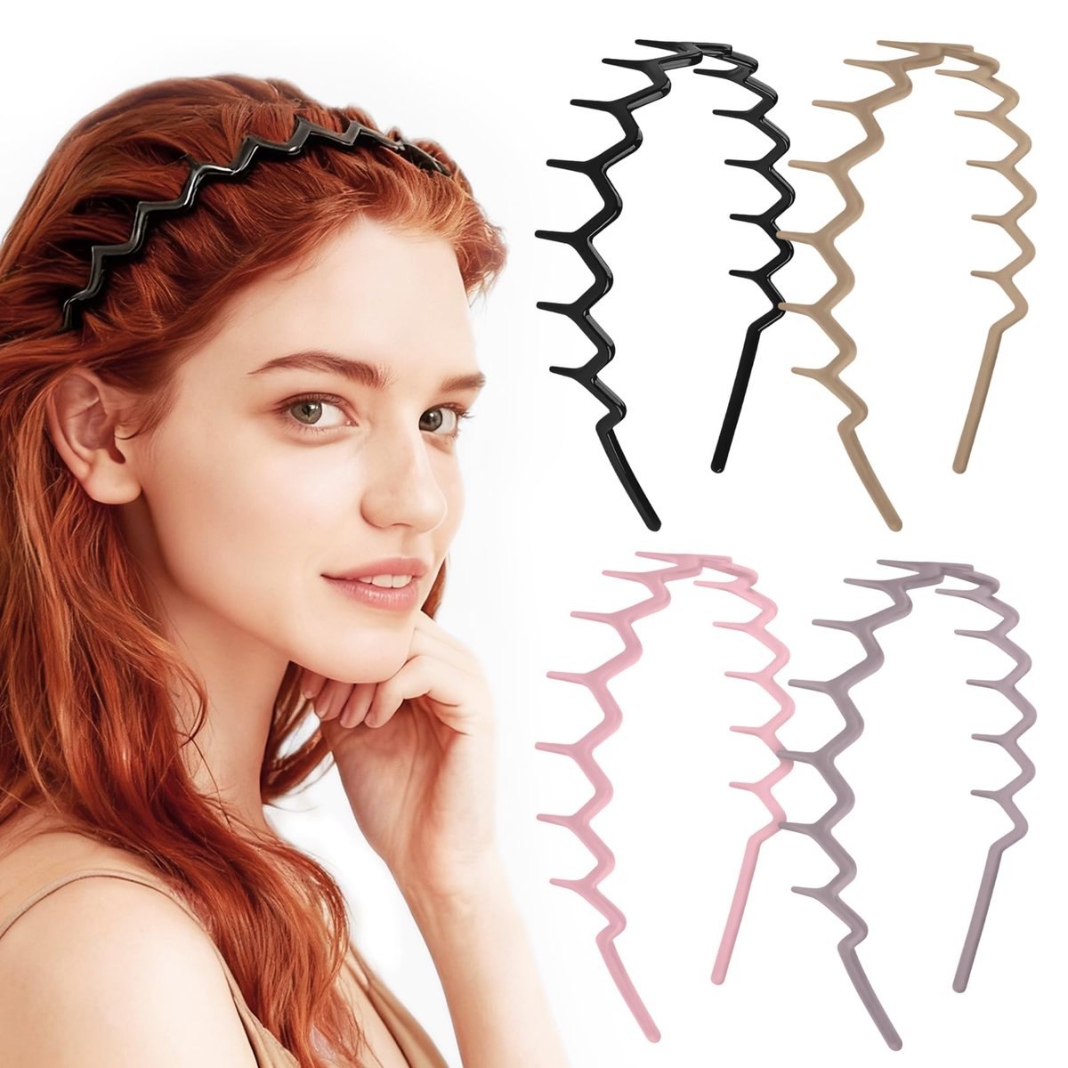 MIVZO Zig Zag Headbands - 4 Pack Non Slip Comb Headband with Teeth for Women and Men - Classic Wavy Claw Hair Accessories - görsel 1