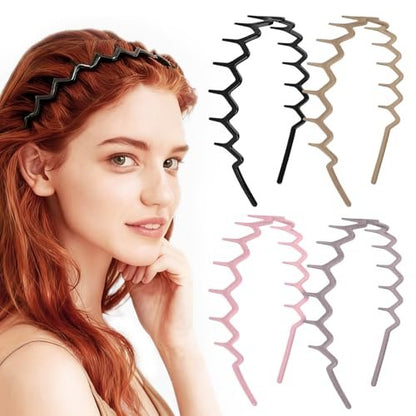 MIVZO Zig Zag Headbands - 4 Pack Non Slip Comb Headband with Teeth for Women and Men - Classic Wavy Claw Hair Accessories