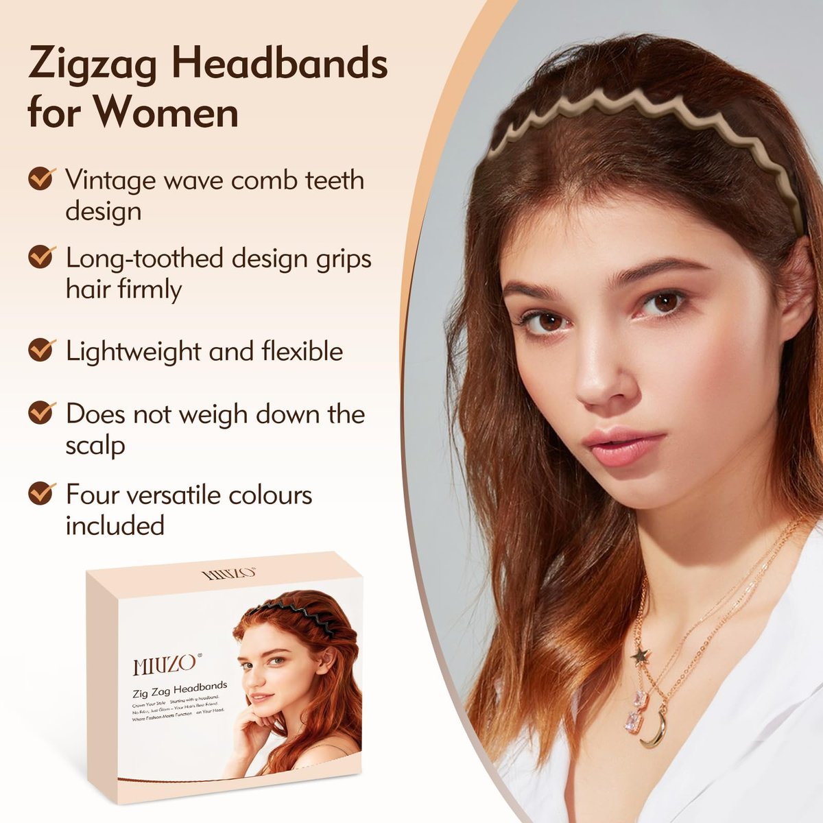 MIVZO Zig Zag Headbands - 4 Pack Non Slip Comb Headband with Teeth for Women and Men - Classic Wavy Claw Hair Accessories - görsel 3