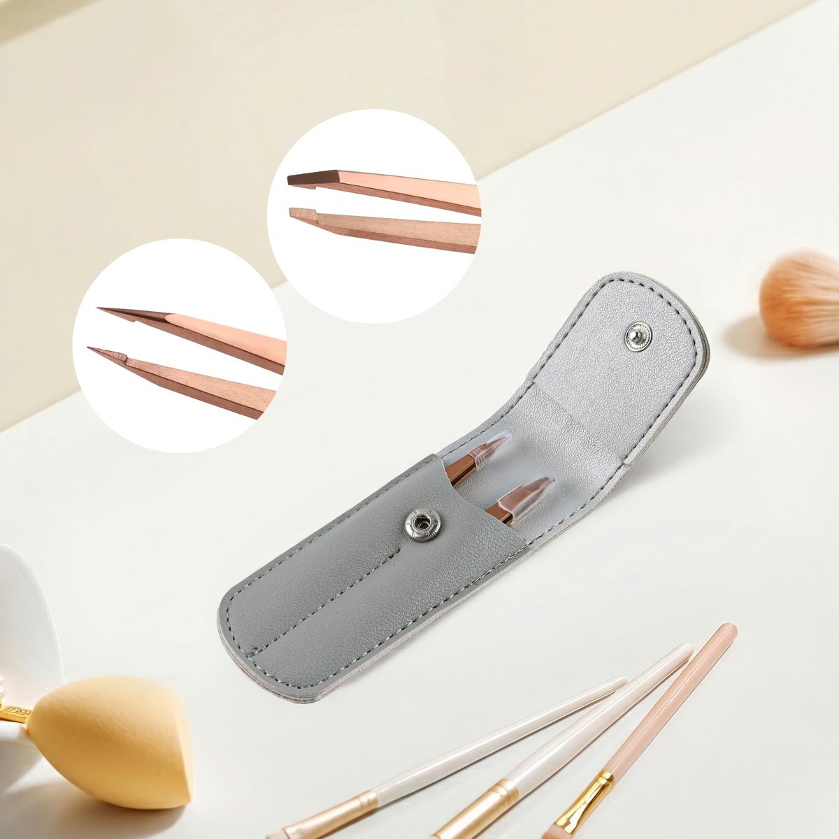 Velodios 2-Pack Precision Tweezers for Eyebrows, Facial Hair, Ingrown Hair Removal – Professional Stainless Steel Tweezers Set with PU Travel Case (Rose Golden) Avelisse