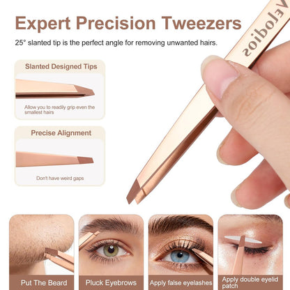 Velodios 2-Pack Precision Tweezers for Eyebrows, Facial Hair, Ingrown Hair Removal – Professional Stainless Steel Tweezers Set with PU Travel Case (Rose Golden) Avelisse