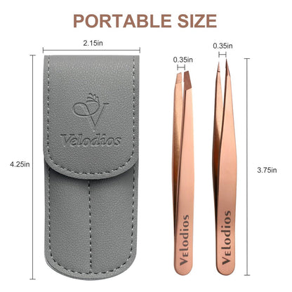Velodios 2-Pack Precision Tweezers for Eyebrows, Facial Hair, Ingrown Hair Removal – Professional Stainless Steel Tweezers Set with PU Travel Case (Rose Golden) Avelisse