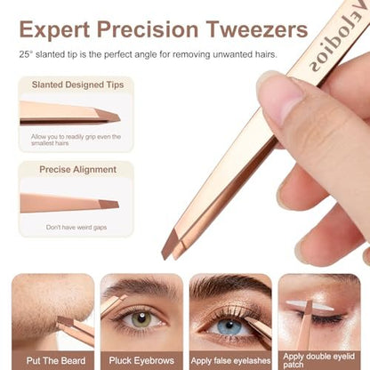 Velodios 2-Pack Precision Tweezers for Eyebrows, Facial Hair, Ingrown Hair Removal – Professional Stainless Steel Tweezers Set with PU Travel Case (Rose Golden) Avelisse