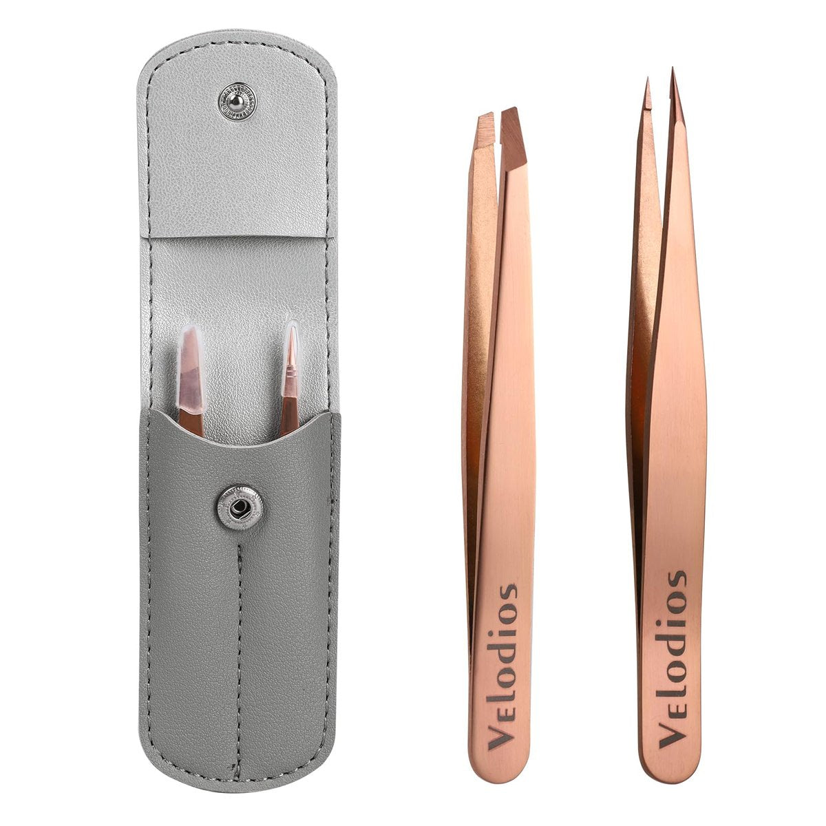 Velodios 2-Pack Precision Tweezers for Eyebrows, Facial Hair, Ingrown Hair Removal – Professional Stainless Steel Tweezers Set with PU Travel Case (Rose Golden) Avelisse