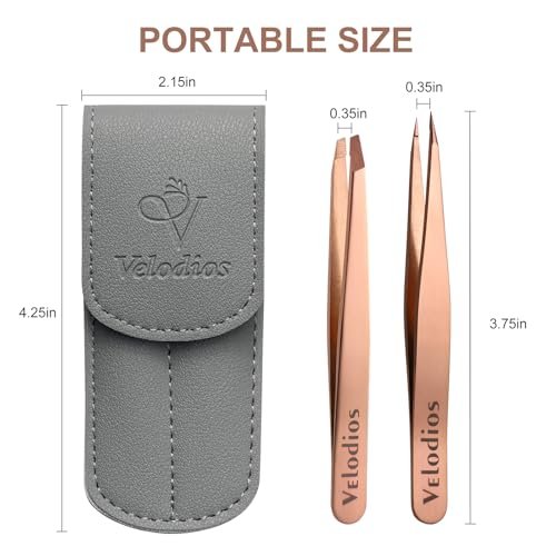 Velodios 2-Pack Precision Tweezers for Eyebrows, Facial Hair, Ingrown Hair Removal – Professional Stainless Steel Tweezers Set with PU Travel Case (Rose Golden) Avelisse