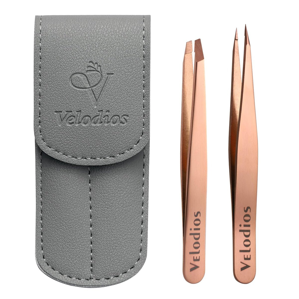 Velodios 2-Pack Precision Tweezers for Eyebrows, Facial Hair, Ingrown Hair Removal – Professional Stainless Steel Tweezers Set with PU Travel Case (Rose Golden) Avelisse
