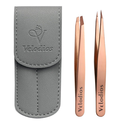 Velodios 2-Pack Precision Tweezers for Eyebrows, Facial Hair, Ingrown Hair Removal – Professional Stainless Steel Tweezers Set with PU Travel Case (Rose Golden) Avelisse