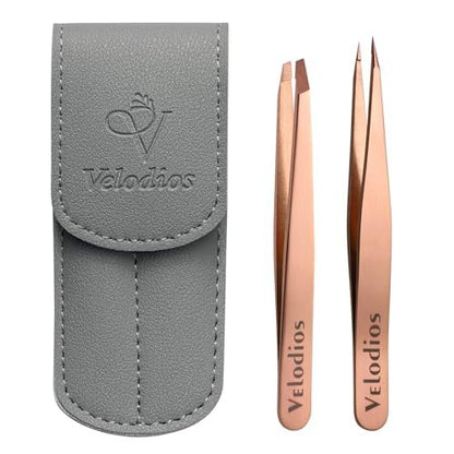 Velodios 2-Pack Precision Tweezers for Eyebrows, Facial Hair, Ingrown Hair Removal – Professional Stainless Steel Tweezers Set with PU Travel Case (Rose Golden) Avelisse