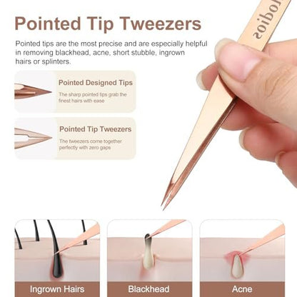 Velodios 2-Pack Precision Tweezers for Eyebrows, Facial Hair, Ingrown Hair Removal – Professional Stainless Steel Tweezers Set with PU Travel Case (Rose Golden) Avelisse