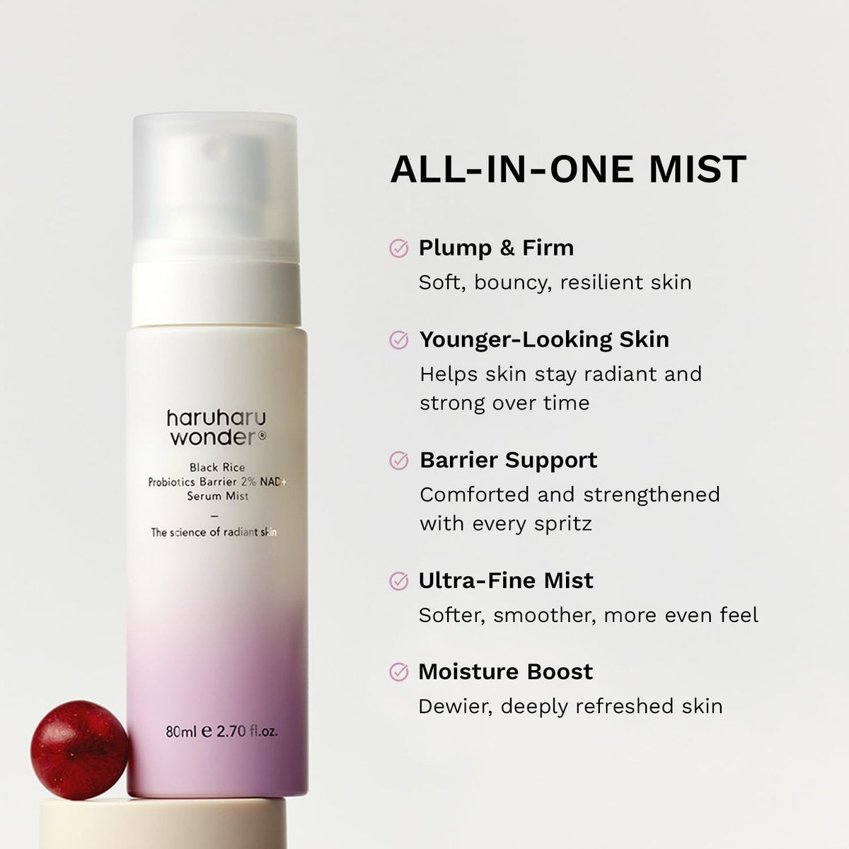 Haruharu Wonder Black Rice Probiotics 2% NAD+ Serum Mist - Ultra-Fine Hydrating & Plumping Face Mist with Ceramide, Vegan Korean Skincare, 2.70 fl.oz Avelisse