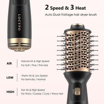 LOCYPO 4-in-1 Travel Blow Dryer Brush, 2 Inch Mini Hot Air Brush & Styler, Dual Voltage 120-240V, Lightweight for Voluminous Smooth Hair, Gold Avelisse