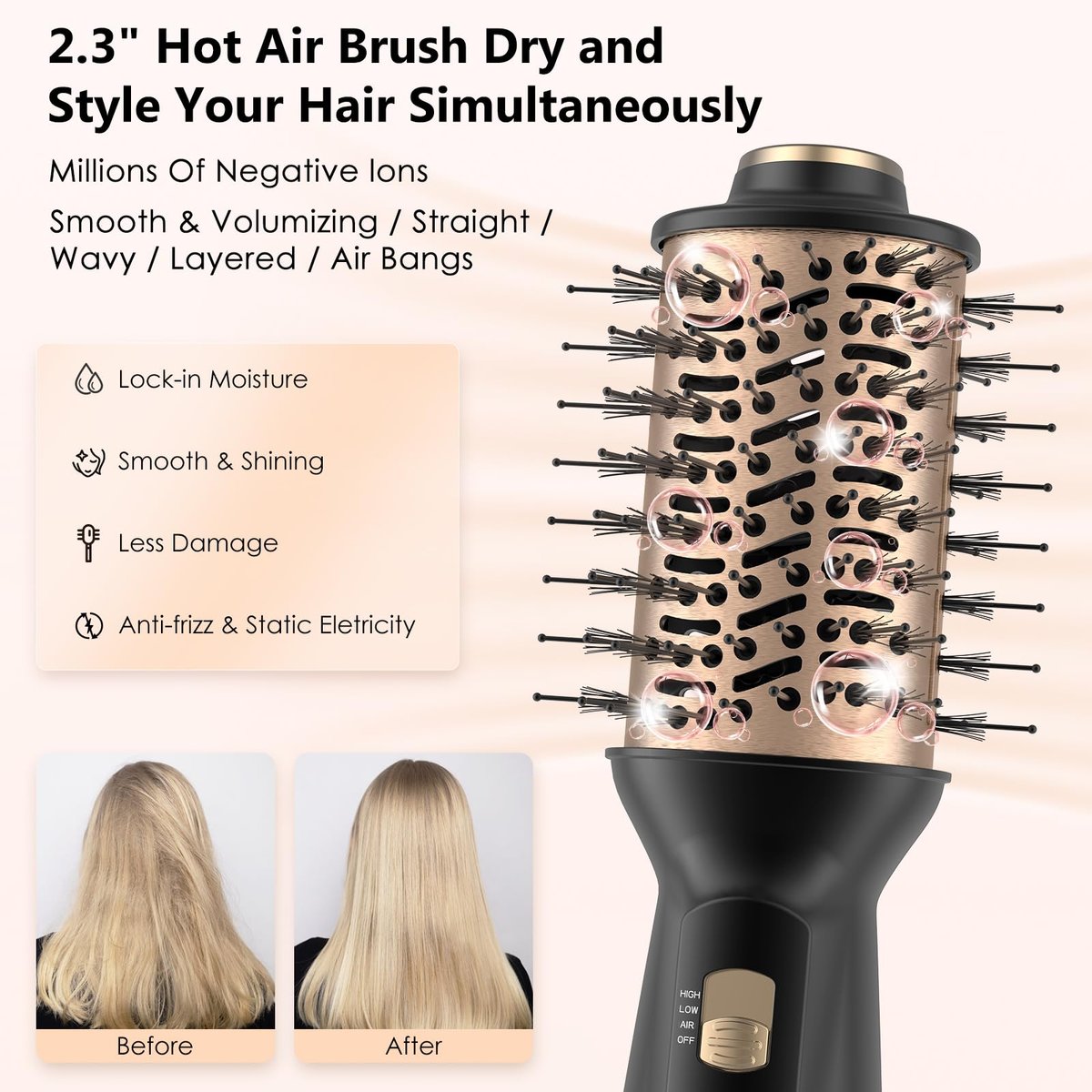 LOCYPO 4-in-1 Travel Blow Dryer Brush, 2 Inch Mini Hot Air Brush & Styler, Dual Voltage 120-240V, Lightweight for Voluminous Smooth Hair, Gold Avelisse