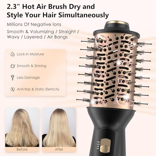 LOCYPO 4-in-1 Travel Blow Dryer Brush, 2 Inch Mini Hot Air Brush & Styler, Dual Voltage 120-240V, Lightweight for Voluminous Smooth Hair, Gold Avelisse