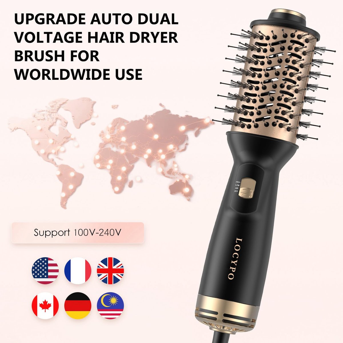 LOCYPO 4-in-1 Travel Blow Dryer Brush, 2 Inch Mini Hot Air Brush & Styler, Dual Voltage 120-240V, Lightweight for Voluminous Smooth Hair, Gold Avelisse
