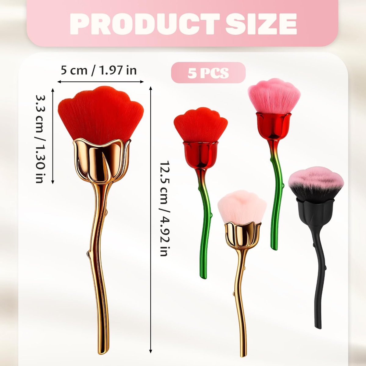 5-Piece Nail Dust Brush Set – Soft Nail Brushes for Professional Nail Artists & DIY Enthusiasts (Red, Pink, Black) - görsel 3