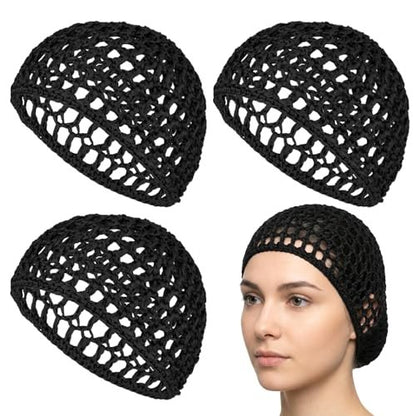 4 Pack Hair Nets for Sleeping - Crochet Mesh Wrap Caps for Silk Press Protection, Adjustable Net Braided Weaving Reusable Bonnets for Women with Curly, Straight Hair & Wig Protection, Black