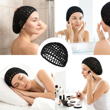 4 Pack Hair Nets for Sleeping - Crochet Mesh Wrap Caps for Silk Press Protection, Adjustable Net Braided Weaving Reusable Bonnets for Women with Curly, Straight Hair & Wig Protection, Black