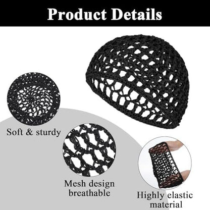 4 Pack Hair Nets for Sleeping - Crochet Mesh Wrap Caps for Silk Press Protection, Adjustable Net Braided Weaving Reusable Bonnets for Women with Curly, Straight Hair & Wig Protection, Black