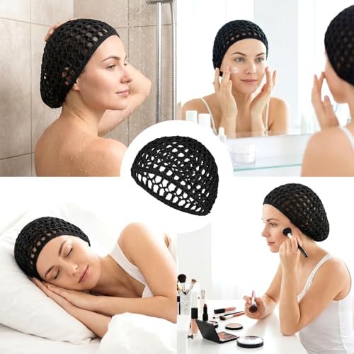 4 Pack Hair Nets for Sleeping - Crochet Mesh Wrap Caps for Silk Press Protection, Adjustable Net Braided Weaving Reusable Bonnets for Women with Curly, Straight Hair & Wig Protection, Black - görsel 8