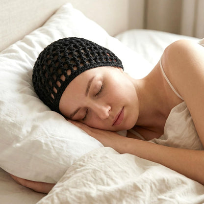 4 Pack Hair Nets for Sleeping - Crochet Mesh Wrap Caps for Silk Press Protection, Adjustable Net Braided Weaving Reusable Bonnets for Women with Curly, Straight Hair & Wig Protection, Black