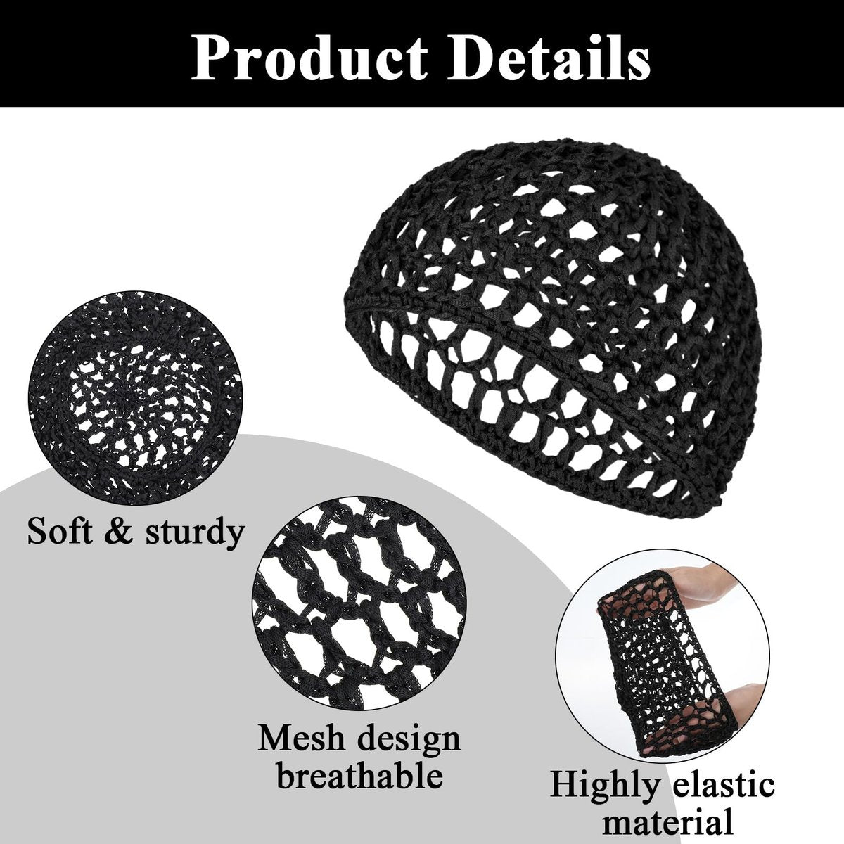 4 Pack Hair Nets for Sleeping - Crochet Mesh Wrap Caps for Silk Press Protection, Adjustable Net Braided Weaving Reusable Bonnets for Women with Curly, Straight Hair & Wig Protection, Black - görsel 5